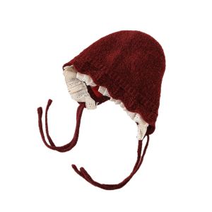 HISTO Windproof Kids Warm Hat Soft Ear Protection Knitted Lace Cap Sweetness Lace Edged Baby Bonnet Outdoor