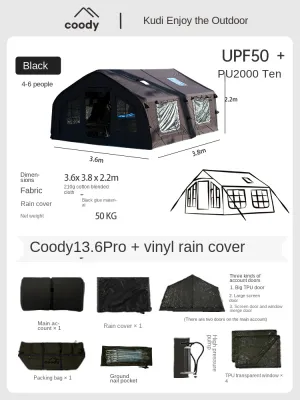 Coody AIR 13.6 Premium Cabin Inflatable Air Tent 6-8 Persons Outdoor Camping 13.6m² Interior Space Waterproof Blended Cotton Black Vinyl Coated Sunscreen Rain Cover