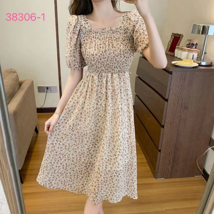 Korean Style Casual Attire Square Neck Puff Sleeve Floral Smocked