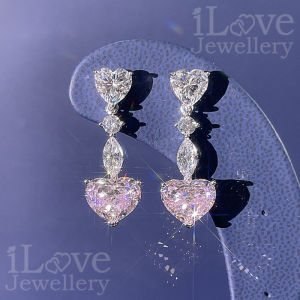 iLove Jewellery 925 Sterling Silver 18K White Gold Plated 5.0ct Pink Heart Shape Drop Earrings Cubic Zirconia Luxury Jewelry Women Fashion Birthday Gift Fashion ILE008