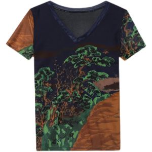 REHIN Womens top Fashion mesh print floral short-sleeved T-shirt V-neck slim and thin S-3XL blouse