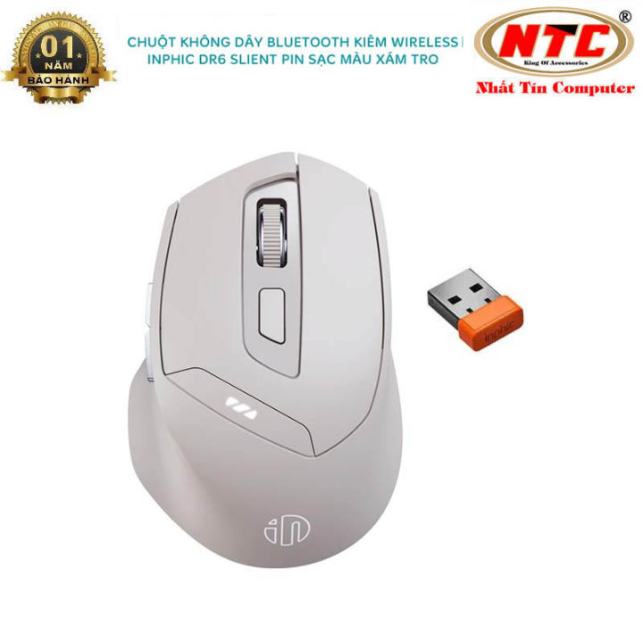 Chuột không dây bluetooth kiêm wireless INPHIC DR6 Silent không tiếng click (màu xám tro)