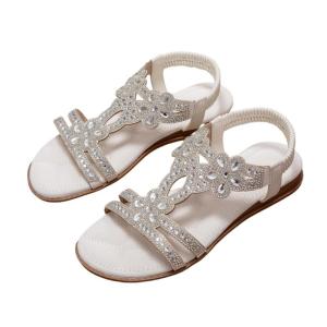 Sparkling Rhinestones Sandals Womens Bohemian Style Elastic Ankle Straps Flat Shoes with Cushioned Footbed