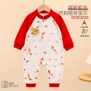 Newborn a cotton long-sleeve romper for infants 100-day baby New Year red festive crawling outfit