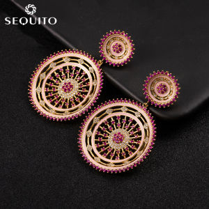 SEQUITO Bông Tai Mặt Dây Chuyền Hình Tròn Lớn Thiết Kế Rỗng Cổ Điển Trang Sức Nữ Phong Cách Bohemian Đính Đá Cubic Zirconia Phụ Kiện Trang Phục SE275