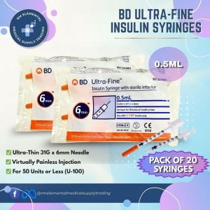 BD Ultra-Fine Insulin Syringe 0.5mL 31G x 6mm | Original U-100 Diabetic Supply Bundle of 20s