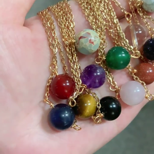Natural Quartz Stone Pendant Necklace Lucky Healing Round Bead Chain Necklace Gift for Women Girls
