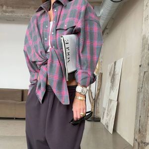 FSMG-Versatile Plaid Shirt For Women Red Bright Grid Oversized Blouse Leisure And Fashionable Top Spring And Autumn Seasons2026