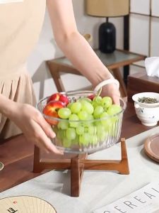 Professional Ribbed Borosilicate Glass Salad Bowl with Natural Bamboo Stand and Modern Minimalist Design