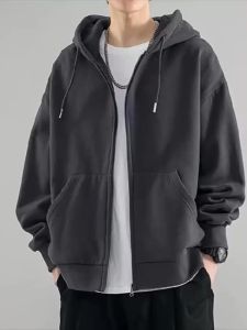 ILKR Loose Fit Mens Hoodie Jacket Casual Open Cardigan Sweatshirt Autumn Season Street Style Zipper Decoration Regular Sleeve
