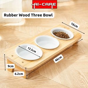 Ceramic Double Food Bowl With Stand Pine Wood Based Detachable Pet Food Feeder Neck Protection Mangkuk For Cat & Dogs
