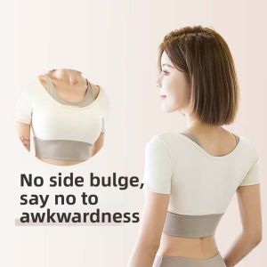GHRDU Combined in One Sports Top with Bra Tight Breathable Yoga T-shirt Running Fake Two-piece Fitness Short-Sleeved Womens Clothing