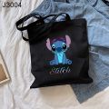 Cute Stitch Printed Canvas Tote Bag Casual Black Shoulder Shopping Handbag. 