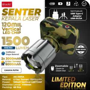 SENTER KEPALA LED ZOOM 80W ARMY AOKI AK-3651A - 1.500 LUMEN - SUPER TERANG - PREMIUM - TAHAN LAMA