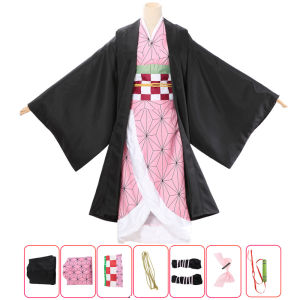 【3 days Arrive 】Anime Demon Slayer: Kimetsu No Yaiba Kamado Nezuko Cosplay Costume For Women Kids Kimono Robe Full Sets Long Curly Wig