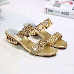 New Korean Fashion Open Toe Slip On Sandals With Heels For Women Sequin Comfortable Flat Casual Sandals On Sale(Add One Size)
