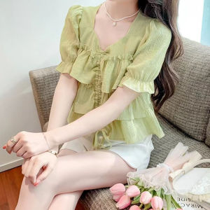 IELGY chiffon shirt womens chic square collar ruffled drawstring bubble short-sleeved top
