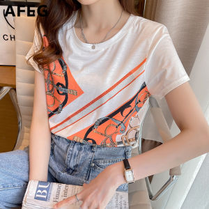 AFEG new Korean version round neck fashion casual loose all-match hot diamond print short-sleeved womens T-shirt