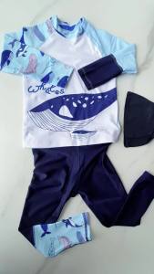 Two Pieces Swimwear for Children Swimsuit for Kids Swimming Outfit for Boys 2-10 Y Child Rash Guard Baby Long Sleeve Sandy Wear with Swim Cap Light Blue Patchwork Whale Pattern