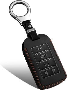 YaSeim Compatible with Jeep Key Fob Cover with KeychainLeather Car Key Fob Case for 2025 2024-2021 Grand Cherokee L Grand Wagoneer L Wagoneer Grand Cherokee 5 Buttons Smart Remote Key Accessories
