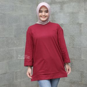 Kaos Oversize Wanita Lengan 7/8 Atasan Jumbo Lengan Panjang Kaos Polos Maroon Bahan Tebal