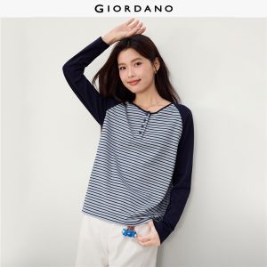 GIORDANO Women T-Shirts Striped Contrast Raglan Sleeve Tee 100% Cotton Henley Neck Fashionable Casual T-Shirts 13326618