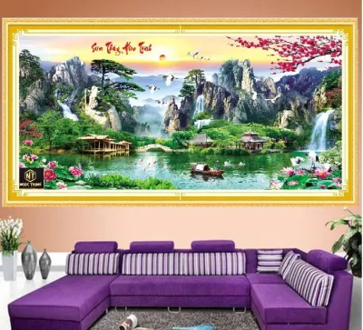 Tranh thêu chữ thập phong cảnh LƯU THUỶ SINH TÀI MN0058 151x71cm