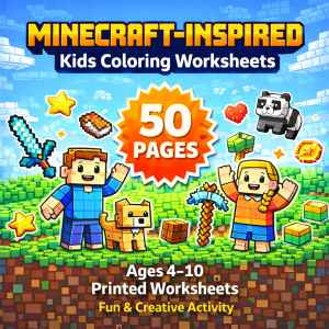 Minecraft-Inspired Kids Coloring Worksheets – 50 Pages | Ages 4–10 | Pixel-Themed Activity Workbook | Printed | No Cover
