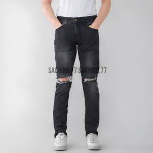 Celana Jeans Pria Black Viper Sobek Destroy Black Jazz Pria Lutut Riped Cowok Biker