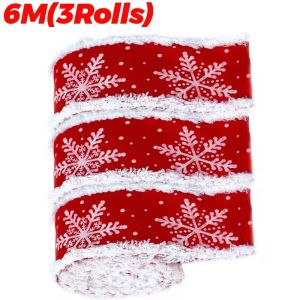 ริบบิ้นลายเกล็ดหิมะขนาด6/2ม. ขอบกำมะหยี่สีขาวโบว์สีแดงธีมคริสต์มาสอุปกรณ์ตกแต่งกล่องห่อของขวัญสำหรับงานเลี้ยง