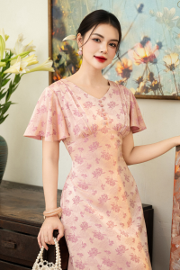 Đầm thiết kế thanh lịch sang trọng với chất liệu Gấm hoa cao cấp có độ bóng vừa phải không quá lấp lánh DD4L1238 Thương hiệu Thiều Hoa