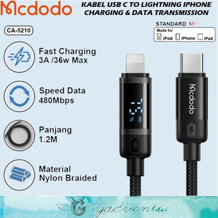 MCDODO CA-5210 BAT Kabel Charger Usb Type C To Lightning Cable untuk iPhone  11 12 13 14 Pro Max Digital Fast Charging 36W Battery Level Visible