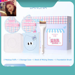 5-in-1 Foundation Makeup Powder Puff Set Soft Teardrop Beauty Puff + Flat Foundation Brush with Mixing Paper Storage Box