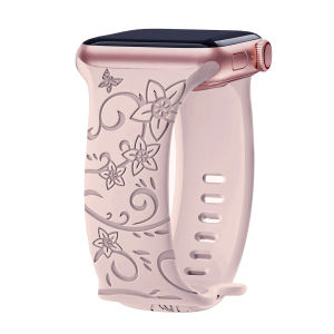 Floral Engraved Strap for Apple Watch Ultra 2/Ultra 49mm 45mm 41mm 40mm 44mm 38mm 42mm Women iWatch Silicone Band for Apple Watch Series 9 8 7 6 5 4 3 2 1 Series SE SE2