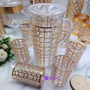 Acrylic Water Jug Pitcher Set 6 pcs Tumbler Crystal Clear Design Golden Square Line /Candy Canister Balang Kueh Keemasan