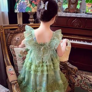 90-150cm KIds Girls Dress Summer 2026 Childrens Celebrity Bow Suspender Skirt Girl Fluffy Mesh Tutu Princess Summer Skirt Gown