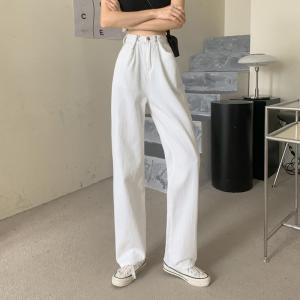 IELGY Korean version ins high-waisted jeans womens loose and thin straight-tube wide-leg long pants