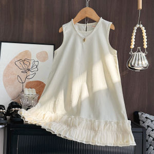 Bear Leader 3 4 5 6 7 Years White Dress for Kids Girls Princess Dress Summer New Mesh Pathwork Sleeveless Wedding Party Outfits for Kids Casual Wear Clothing Korean Fashion Clothes