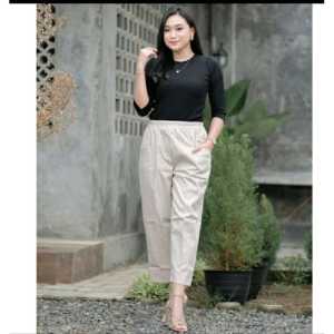 Celana Wanita Wilona Korean Style Ukuran Jumbo 7/9 Bahan Twill Street Pinggang Karet M-L XL-XXL