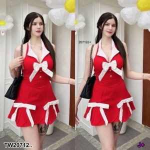 B20712 set 2 ชิ้น เสื้อแขนกุด ปกใหญ่ ติดโบว์ + กระโปรงติดโบว์ Set of 2 pieces: sleeveless shirt large collar bow + skirt with bow.