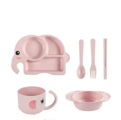 6pcs set Wheat Straw Tableware Dinner Plate Grid Baby Elephant Bowls Set Cartoon Feeding Dish for Kids Dinner
