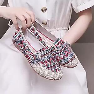 WomenS Cloth Shoes For Spring And Summer Flat Heel Ethnic Style Shallow Mouth Slip-On Lazy Shoes Closed-Toe Slippers Mom Shoes