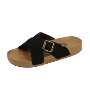 YOTO Womens Peep Toe Sandals Casual Leather Cross Strap Buckle Comfortable Slippers For Women