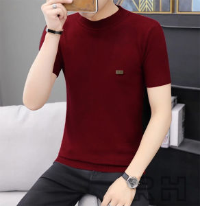 RH - Baju Rajut pria Turtleneck kerah tinggi tangan pendek slim fit sweater rajutan santai turtle neck