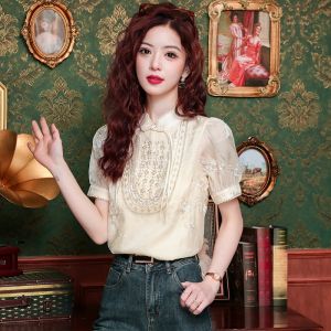 AMMIN 2024ชุดกี่เพ้าระดับไฮเอนด์สำหรับฤดูร้อนปักลายดอกไม้ไข่มุกตะขอสไตล์วินเทจจีนใหม่สำหรับเสื้อชีฟองหญิง