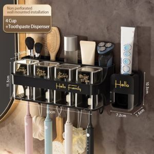 SAVVYSHELF Black Toothbrush Holder Nail-Free with Cup Storage Holder Wall Mounted Toothpaste Dispenser Bathroom