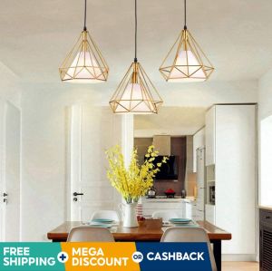 [24 hours+COD] Industrial metal cage gold pendant lamp living room dining table kitchen diamond lamp