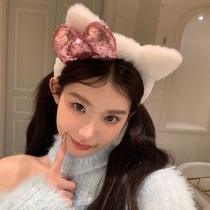 SPORT PR Sanrio Hello Kitty Headband Bow Plush Cat Ear Hair Bundling Clip French Style Hair Accessories Princess Party