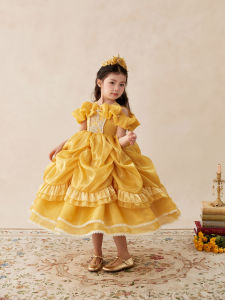 Girls Yellow Princess Dress Elegant Kids Ball Gown with Ruffle Sleeves & Embroidery for Birthday Party Wedding Flower Girl Stage Performance