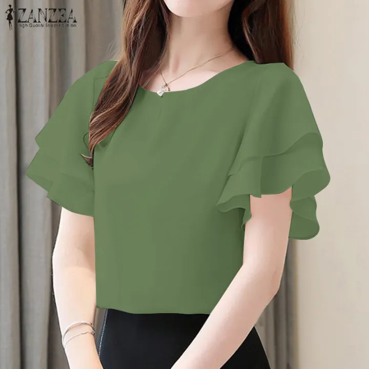 ZANZEA%20Korean%20Style%20Women's%20Blouse%20Ruffle%20Short%20Sleeve%20Double%20Layer%20O-Neck%20Solid%20Top%20Pullover%20#10%20-%20Image%206
